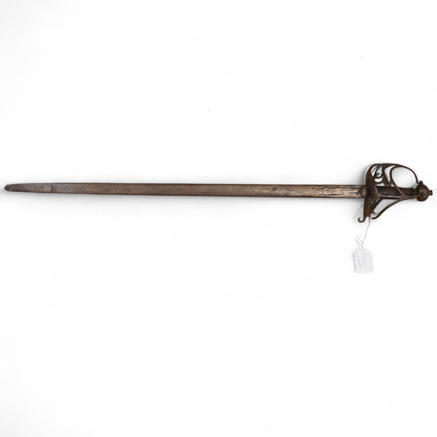A basket hilted broadsword c.1640, later replacement blade, iron hilt of multi bars with remains of pierced guard, faceted pommel with its original wooden grip, wire covering missing, blade 79cm